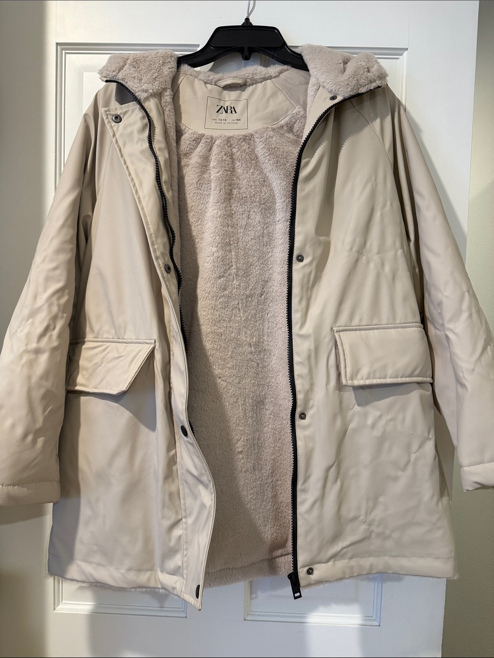 Zara Light Cream Faux Fur Lined Hooded Parka